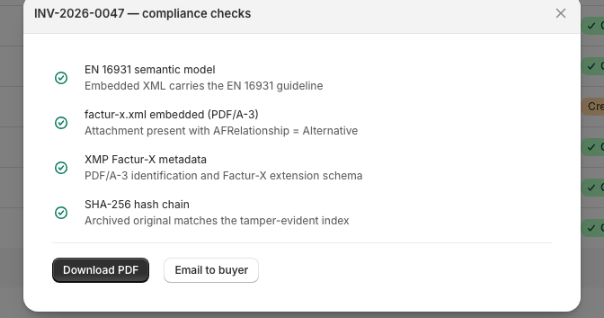 InvoNorm compliance checks all green: EN 16931 semantics, embedded factur-x.xml, PDF/A-3 and SHA-256 hash chain