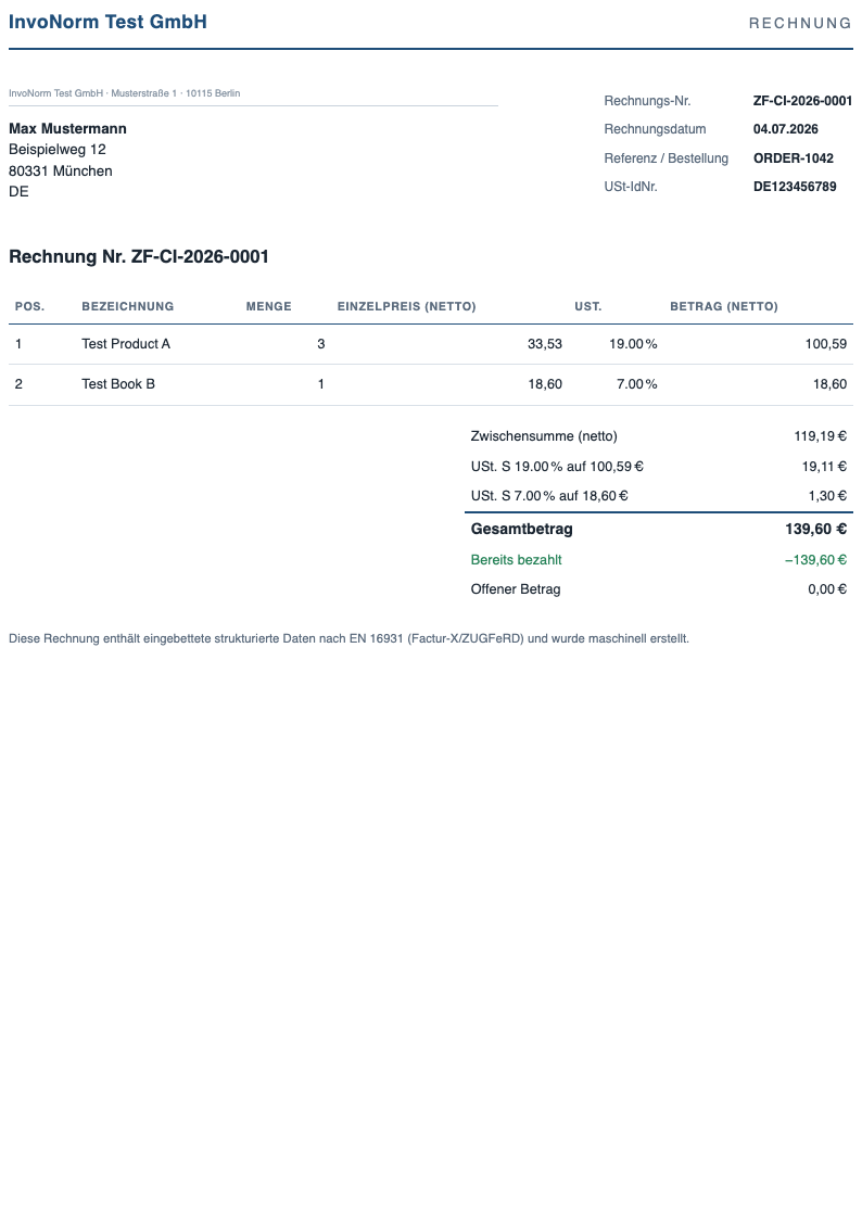 A ZUGFeRD invoice PDF generated by InvoNorm — German business-letter layout with embedded EN 16931 XML